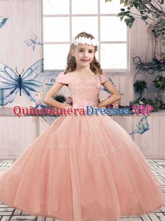 Peach Sleeveless Lace and Belt Floor Length Little Girls Pageant Dress