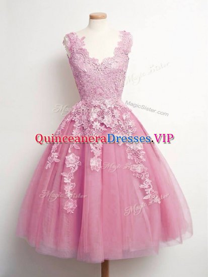 New Arrival A-line Dama Dress Pink V-neck Tulle Sleeveless Knee Length Lace Up - Click Image to Close