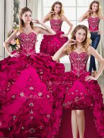 Four Piece Organza and Taffeta Sweetheart Sleeveless Lace Up Beading and Embroidery Quinceanera Gowns in Fuchsia