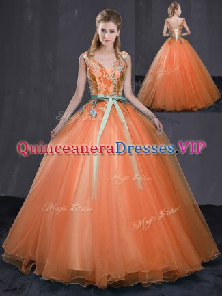 Exquisite Floor Length Ball Gowns Sleeveless Orange Vestidos de Quinceanera Lace Up