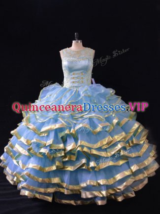 Custom Fit Blue Ball Gowns Scoop Sleeveless Organza Floor Length Lace Up Ruffled Layers Quinceanera Gowns