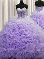 Stylish Rolling Flowers Sleeveless Beading and Pick Ups Lace Up Vestidos de Quinceanera with Lavender Brush Train