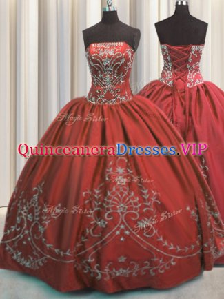 Ideal Wine Red Lace Up Ball Gown Prom Dress Beading and Embroidery Sleeveless Floor Length