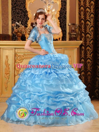 Lovely Aqua Blue Quinceanera Dress For Sweetheart Gowns With Jacket Appliques Decorate Bodice Layered Pick-ups Skirt IN Aarau Switzerland - Click Image to Close