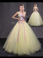 Sleeveless Lace Up Floor Length Appliques and Belt Sweet 16 Dress