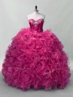 Designer Hot Pink Sleeveless Floor Length Ruffles and Sequins Lace Up Quinceanera Gowns