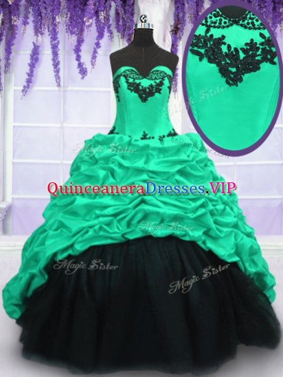 Spectacular Turquoise Quinceanera Gown Military Ball and Sweet 16 and Quinceanera with Appliques and Ruffles and Pick Ups Sweetheart Sleeveless Sweep Train Lace Up - Click Image to Close