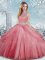 Pretty Watermelon Red Tulle Clasp Handle Vestidos de Quinceanera Sleeveless Floor Length Beading