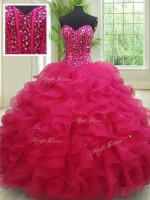 Delicate Fuchsia Ball Gowns Sweetheart Sleeveless Organza Floor Length Lace Up Beading and Ruffles Quinceanera Dress