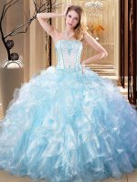 Light Blue Lace Up Strapless Embroidery and Ruffles 15th Birthday Dress Organza Sleeveless