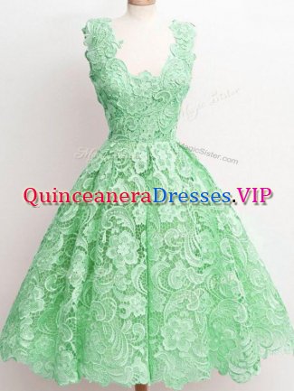 Green A-line Lace Quinceanera Court Dresses Zipper Lace Sleeveless Knee Length