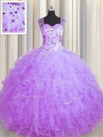 See Through Zipper Up Square Sleeveless Tulle Sweet 16 Dresses Beading and Ruffles Zipper