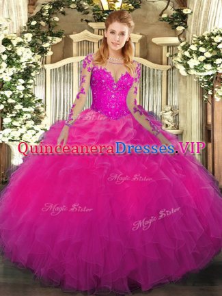 Elegant Fuchsia Organza Lace Up Quince Ball Gowns Long Sleeves Floor Length Lace and Ruffles