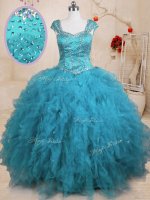 Fine Baby Blue Tulle Lace Up Ball Gown Prom Dress Cap Sleeves Floor Length Beading and Ruffles