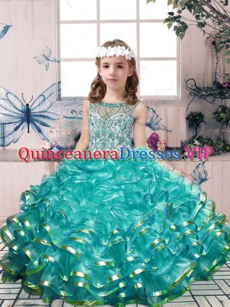 Sleeveless Floor Length Beading and Ruffles Lace Up Kids Formal Wear with Teal