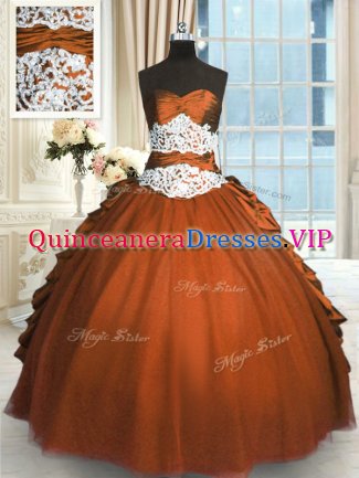 Custom Fit Rust Red Sweetheart Lace Up Beading and Lace and Ruching and Pick Ups Quince Ball Gowns Sleeveless