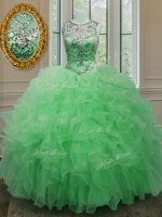 Clearance Scoop Green Ball Gowns Beading and Ruffles Quinceanera Gowns Lace Up Organza Sleeveless Floor Length