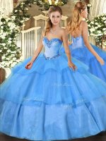 Baby Blue 15 Quinceanera Dress Military Ball and Sweet 16 and Quinceanera with Beading and Ruffled Layers Sweetheart Sleeveless Lace Up