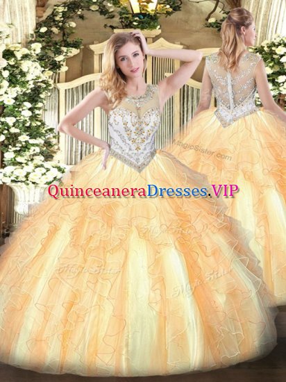 Custom Made Gold Tulle Zipper 15th Birthday Dress Sleeveless Floor Length Beading and Ruffles - Click Image to Close