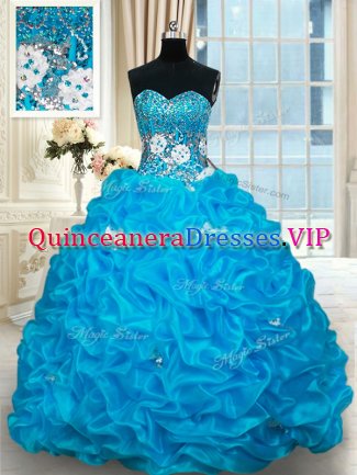 Designer With Train Baby Blue Vestidos de Quinceanera Organza Brush Train Sleeveless Beading and Pick Ups