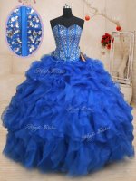 Royal Blue Sweetheart Lace Up Beading and Ruffles Quinceanera Gown Sleeveless