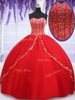 Red Ball Gowns Beading and Appliques Sweet 16 Dresses Lace Up Tulle Sleeveless Floor Length