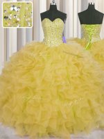 Comfortable Visible Boning Organza Sweetheart Sleeveless Lace Up Beading and Ruffles and Sashes ribbons 15th Birthday Dress in Yellow(SKU PSSW0448-14BIZ)