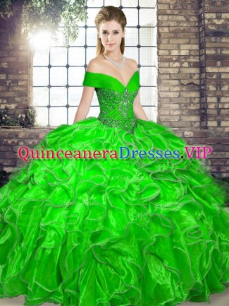 Cute Off The Shoulder Sleeveless Vestidos de Quinceanera Floor Length Beading and Ruffles Green Organza