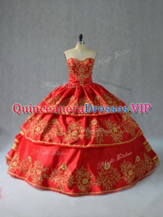 Red Sleeveless Floor Length Embroidery and Ruffled Layers Lace Up Quinceanera Dress