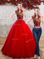 Red Organza Lace Up Vestidos de Quinceanera Sleeveless Floor Length Appliques(SKU YCQD0185TZBIZ)