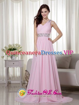 Lahaina Hawaii/HI Graceful Baby Pink Empire One Shoulder Brush Train Chiffon Beading and Ruch Quinceanera Dama Dress