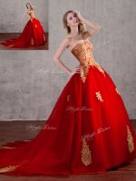 Luxury Sleeveless With Train Appliques Lace Up Vestidos de Quinceanera with Red Court Train