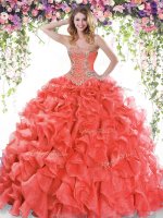 Customized Sleeveless Organza Sweep Train Lace Up Ball Gown Prom Dress in Red with Beading and Ruffles