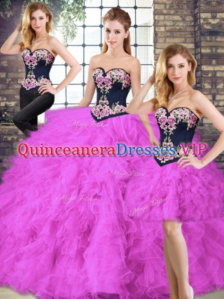 Romantic Fuchsia Quinceanera Gown Sweet 16 and Quinceanera with Beading and Embroidery Sweetheart Sleeveless Lace Up