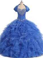 Blue Ball Gowns Strapless Sleeveless Organza Floor Length Lace Up Beading and Ruffles Vestidos de Quinceanera