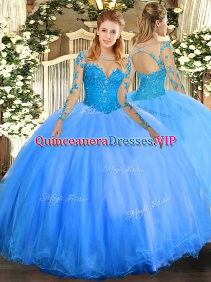 Glittering Baby Blue Ball Gowns Lace Vestidos de Quinceanera Lace Up Tulle Long Sleeves Floor Length - Click Image to Close