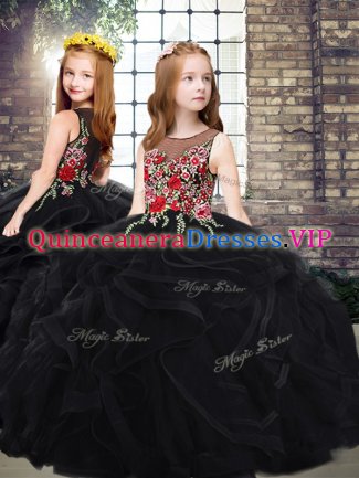 Black Little Girls Pageant Dress Party and Wedding Party with Embroidery and Ruffles Scoop Sleeveless Sweep Train Zipper