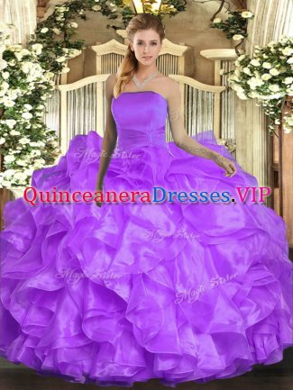 Modern Lavender Strapless Neckline Ruffles Sweet 16 Quinceanera Dress Sleeveless Lace Up