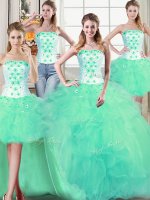 Four Piece Turquoise Vestidos de Quinceanera Military Ball and Sweet 16 and Quinceanera with Beading and Appliques and Ruffles Strapless Sleeveless Lace Up