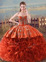 Customized Orange Red Sweetheart Lace Up Embroidery and Ruffles Sweet 16 Dress Brush Train Sleeveless