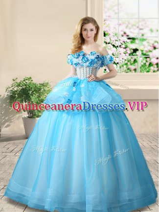 Off the Shoulder Baby Blue Organza Lace Up Quinceanera Dress Sleeveless Floor Length Beading and Appliques