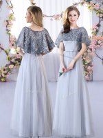 Grey Lace Up Quinceanera Dama Dress Appliques Sleeveless Floor Length