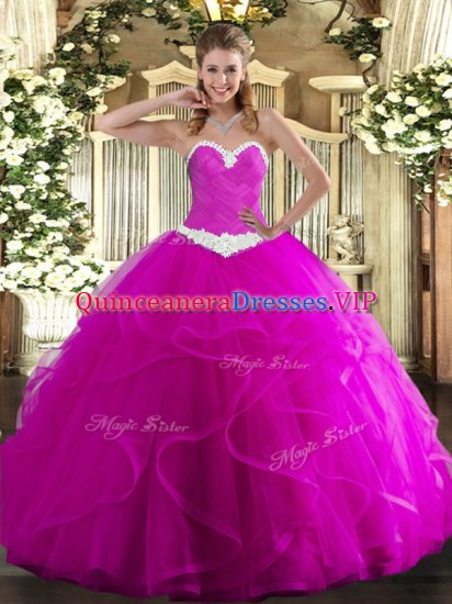 Sleeveless Floor Length Appliques and Ruffles Lace Up Military Ball Gowns with Fuchsia - Click Image to Close