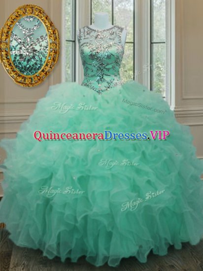 Scoop Sleeveless Sweet 16 Quinceanera Dress Floor Length Beading and Ruffles Apple Green Organza - Click Image to Close