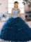 Nice Navy Blue Quince Ball Gowns Military Ball and Sweet 16 and Quinceanera with Beading and Ruffles Scoop Sleeveless Lace Up