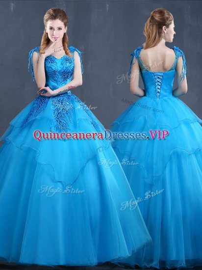 Popular Baby Blue Sleeveless Floor Length Appliques Lace Up Vestidos de Quinceanera - Click Image to Close