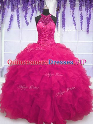 Fashionable Hot Pink Ball Gowns High-neck Sleeveless Organza Floor Length Lace Up Beading and Ruffles Vestidos de Quinceanera