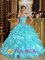 Nogent-sur-Marne France Sweet Aqua Blue Quinceanera Dress With Beaded Bodice and Ruffles Layered Organza Skirt