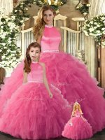 Customized Halter Top Sleeveless Backless Vestidos de Quinceanera Hot Pink Tulle