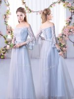 Grey Tulle Lace Up Dama Dress for Quinceanera 3 4 Length Sleeve Floor Length Lace